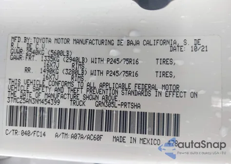 2022 Toyota Tacoma Sr5 V6 из США, поврежденный, VIN 3TMCZ5AN3NM454399